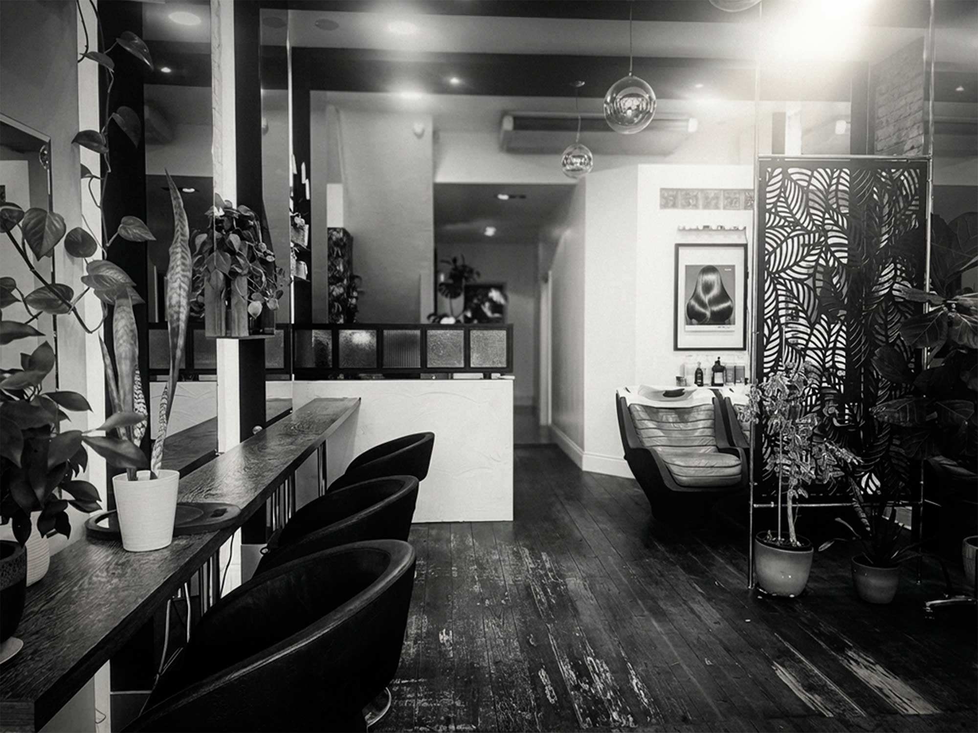 Interior of Infinity MK salon showing styling chairs, plants, and elegant decor